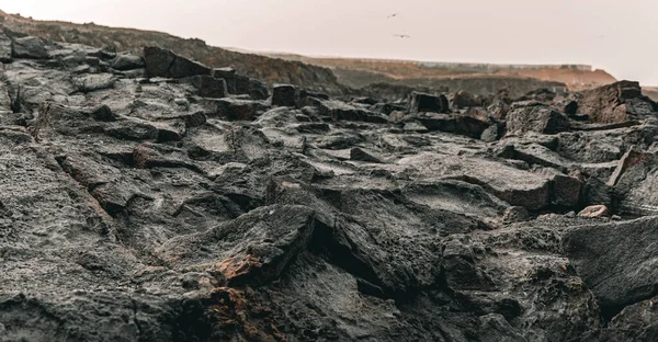 Zwarte Rock Textuur Vulkanische Bergoppervlakte Close — Stockfoto
