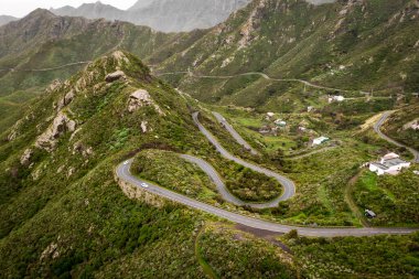 Yeşil dağ parkında dolambaçlı yol.