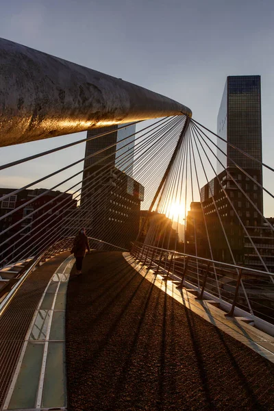Zubizuri köprü ve Isozaki Towers adlı günbatımı, Bilbao, İspanya