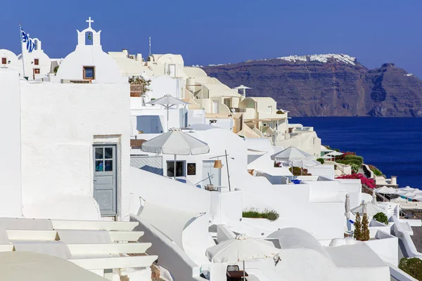 Tradycyjne Greckie Białe Domy Wybrzeżu Santorini Pobliżu Morza Egejskiego Wioska — Zdjęcie stockowe