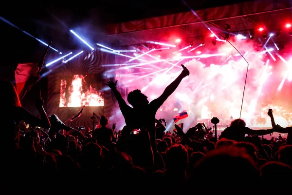 Rock Concert Silhouetten Van Gelukkige Mensen Die Hun Handen Opsteken — Stockfoto