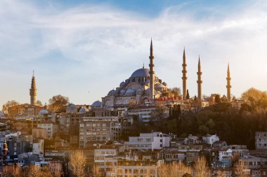 İstanbul 'un, Türkiye' nin Süleyman Camii 'nin, Osmanlı İmparatorluk Camii' nin manzarası. Nehrin manzarası