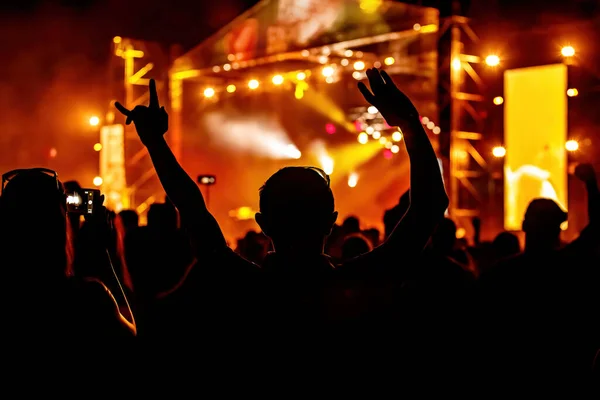 İnsanlar yaz festivali partisinde dans edip eğleniyorlar. Elleri havada, konser etkinliğini kutluyorlar.