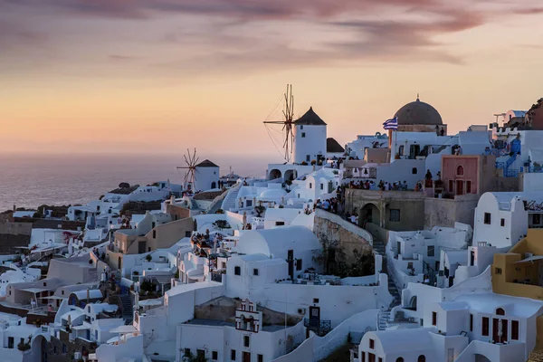 Lever Soleil Matinal Sur Village Oia Sur Île Santorin Maisons — Photo