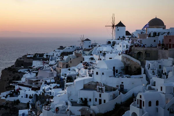 Crépuscule Sur Santorin Célèbre Vue Vacances Grèce — Photo