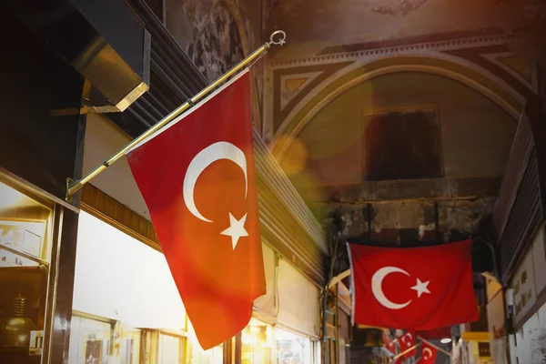 Turkish flags in interior of old Istanbul market