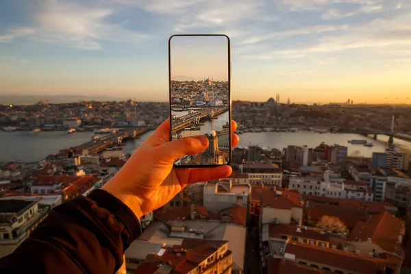 Стамбул Закате Турция Фотографирование Городского Пейзажа Мобильному Телефону — стоковое фото