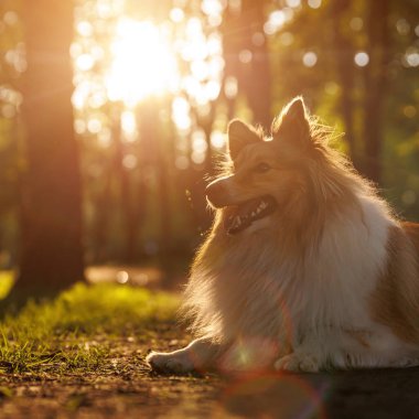 Mutlu köpek çimlerin üzerinde yatıyor. Bir yaz parkında Shetland çoban köpeği