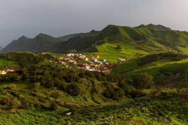 Tropik bir adanın yeşil çayırındaki dağ köyü..