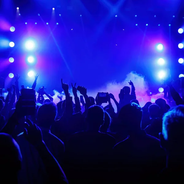 Happy crowd with raised hands at a rock concert