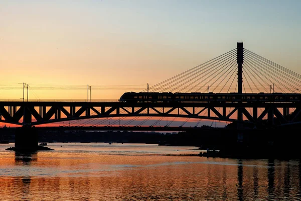 Tren Que Pasa Sobre Puente Cable Sobre Río Atardecer — Foto de Stock