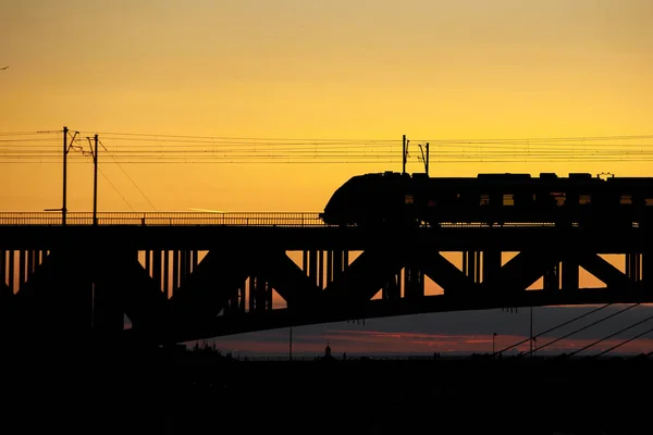 Train Riding Bridge River Sunset — Stock Photo, Image