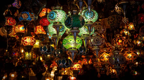 Lot Different Oriental Light Lamps Turkish Background — Stock Fotó