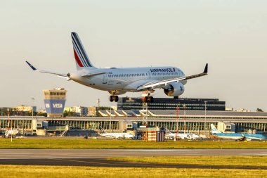 Warsaw, Poland - 26.06.2022: Air France Airbus a220-300 landing in Warsaw Chopin airport