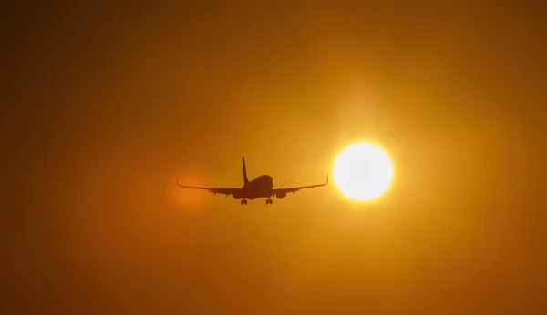 Plane Preparing Landing Sunset Silhouette Background Sun Disk — Stock Fotó