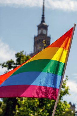 Many waving LGBT gay pride flags at a solidarity march