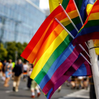 Many waving LGBT gay pride flags at a solidarity march