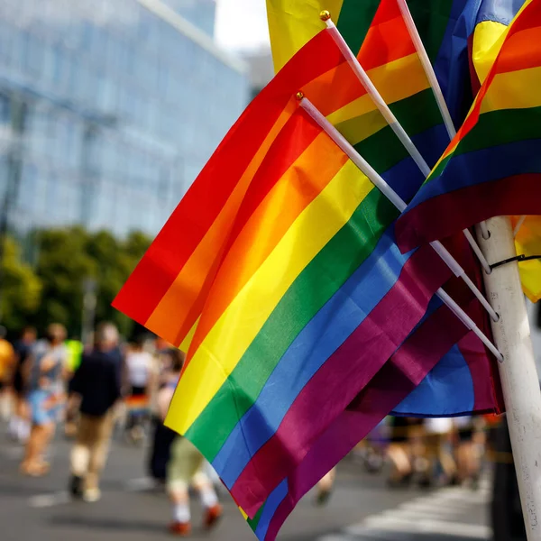 Many Waving Lgbt Gay Pride Flags Solidarity March — стокове фото
