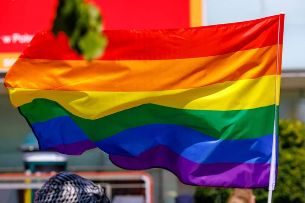 Waving Lgbt Gay Pride Flag Solidarity March — Stockfoto