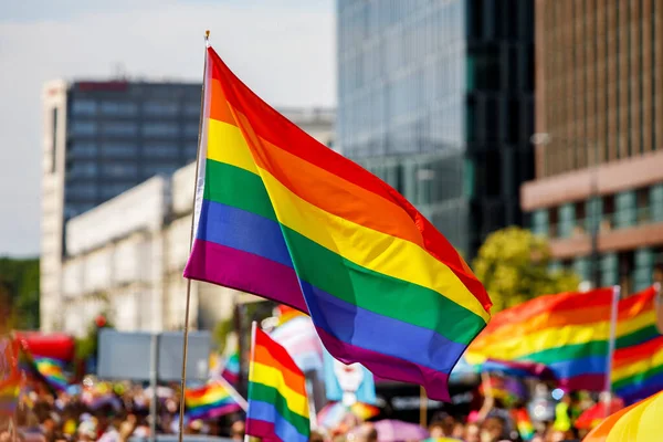 Lgbt pride rainbow flag during parade in the city