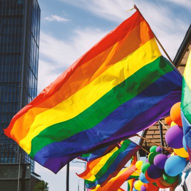 Lgbt pride rainbow flag during parade in the city