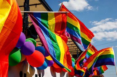 Many waving LGBT gay pride flags at a solidarity march