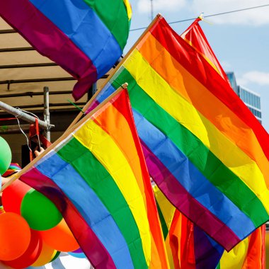 Many waving LGBT gay pride flags at a solidarity march