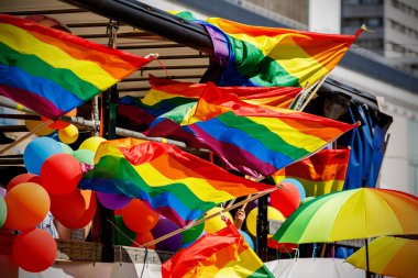 Many waving LGBT gay pride flags at a solidarity march