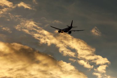 Flight of the plane on the background of a beautiful cloudy sky