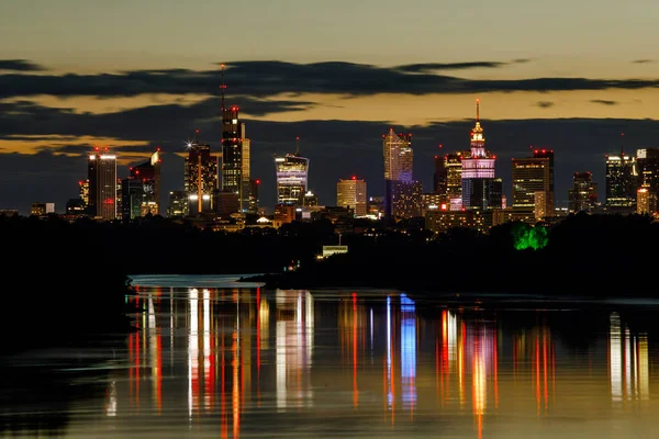 Panorama of the Warsaw city center, Poland capital cityscape at night