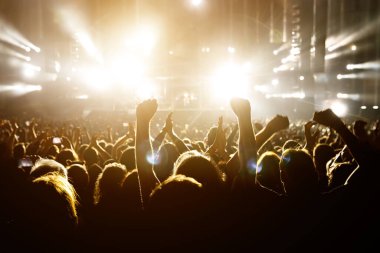 Performance of a popular group. The crowd with raised hands against the stage light