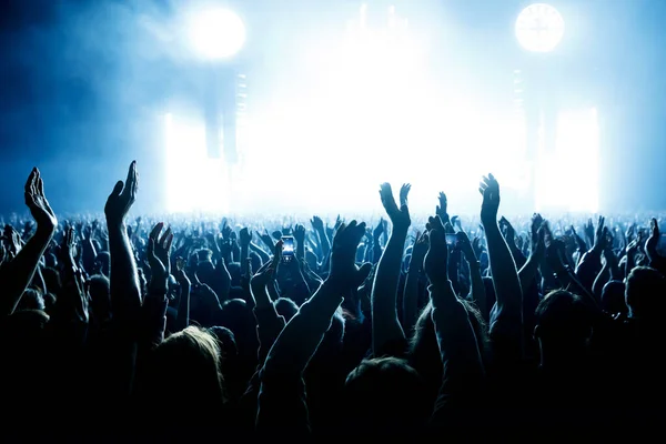 Performance of a popular group. The crowd with raised hands against the stage light