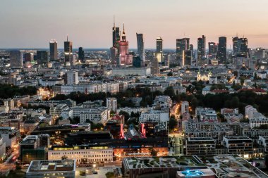 Big city during twilight. Aerial drone view