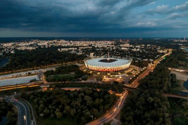 Poland National Stadium in Warsaw capital city. Aerial drone view