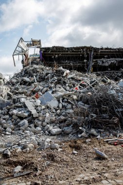 Destroyed building. Ruins of concrete and metal