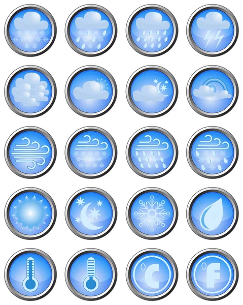 Set of weather icons on blue buttons — Stock Vector