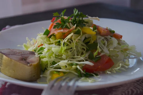 Salată Gastronomică Frumoasă Varză Legume Bucată Peşte Farfurie Albă Dieta — Fotografie, imagine de stoc