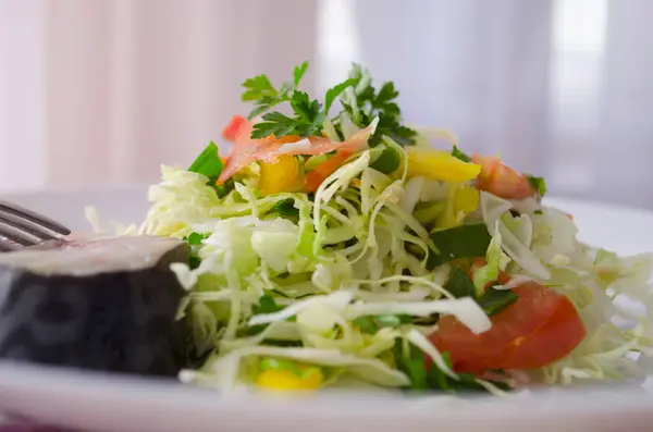 Güzel Sağlıklı Lahana Sebze Salatası Beyaz Tabakta Bir Parça Balık — Stok fotoğraf