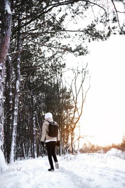 Bir adam kış ormanında tek başına yürür. Sırt çantalı bir turist, karla kaplı kozalaklı ormanda yürüyor.