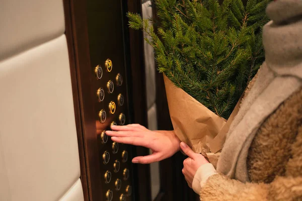 若い美しい女性がクリスマスツリーを買ってエレベーターで家に持ち帰る モミの枝を持つ女性がエレベーターのクリスマスムードに登り — ストック写真