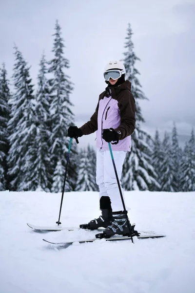 Young Woman Athlete Posing Skis Mountain Slope Professional Sportsman Skiing — Stockfoto