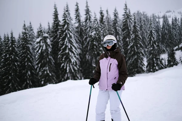 Young Woman Athlete Posing Skis Mountain Slope Professional Sportsman Skiing — Stockfoto