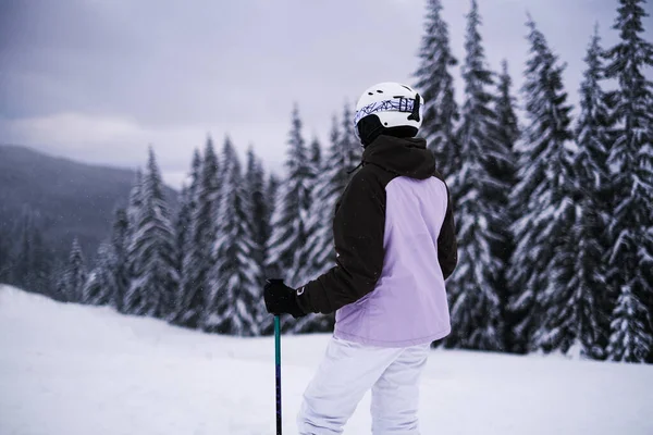 Young Woman Athlete Posing Skis Mountain Slope Professional Sportsman Skiing — Stockfoto