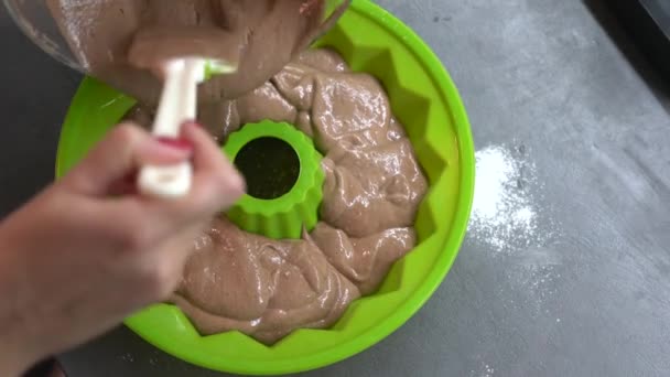 Donna Versando Pasta Torta Cioccolato Nello Stampo — Video Stock
