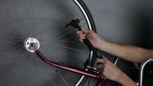 Man Shakes Bicycle Wheel Close Weight Bike Repair Service Center — Stock Video