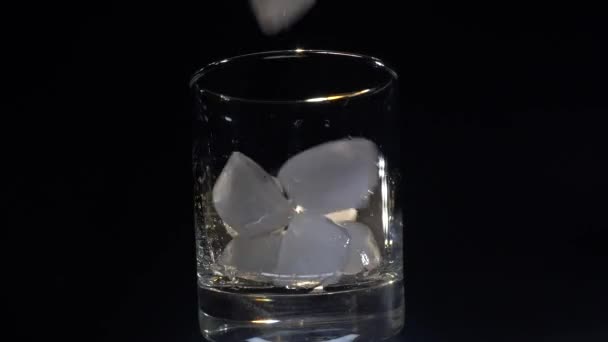 一个男人在黑暗的背景下把冰块倒入玻璃杯中 — 图库视频影像
