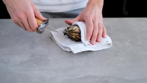 Profesjonalny Kucharz Otwiera Ostrygę Nożem Ręczniku — Wideo stockowe