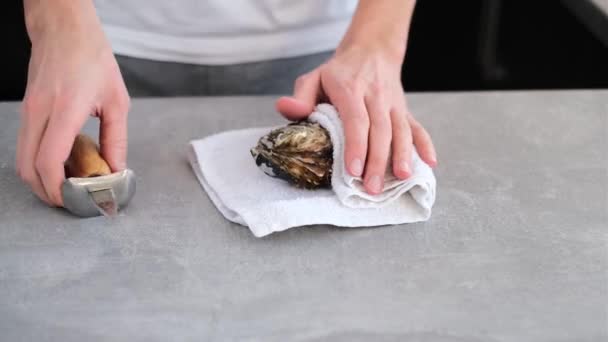 Professional Chef Opens Oyster Knife Towel — Stock Video