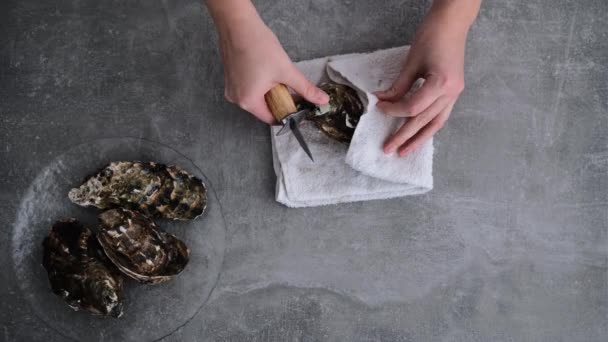 Profi Koch Öffnet Eine Auster Mit Einem Messer Auf Einem — Stockvideo