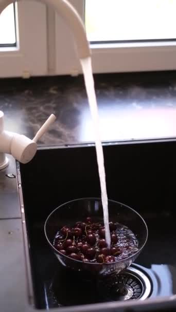 Woman Washing Cherries Running Water Home — Stock Video